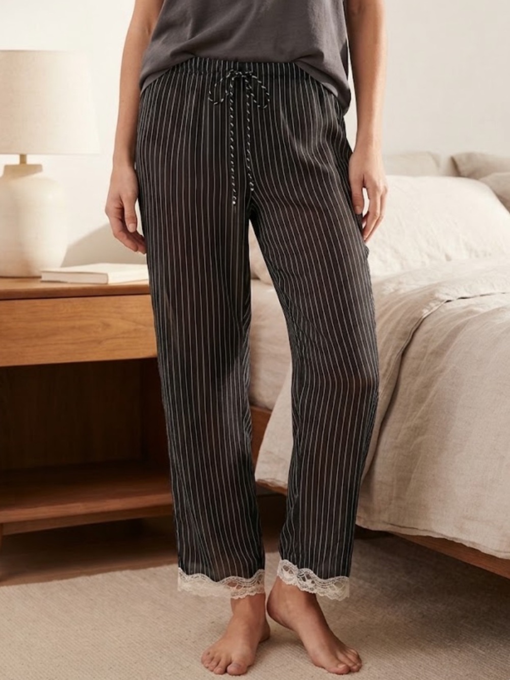 Black Pinstripe Semi-Sheer Wide Leg Lace Trim Pajama Pants Large